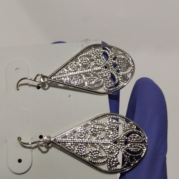 Expressions Filigree Design Silver tone Teardrop Earrings - Women's Jewelry - Picture 6 of 8